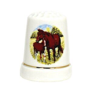 Horses in Field Vintage Porcelain Souvenir Thimble Collectible Home Decor